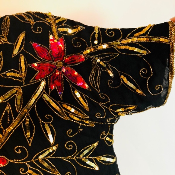 Vintage Floral Sequin Silk Retro Top M - Picture 5 of 6